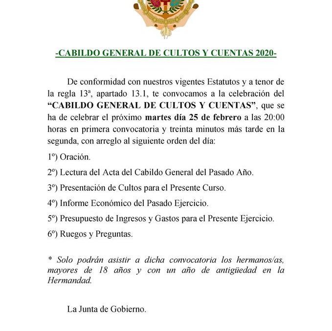 CABILDO GENERAL DE CULTOS Y CUENTAS 2020.