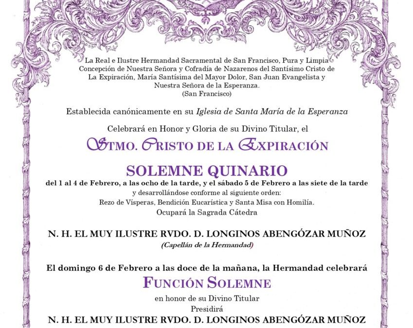 CONVOCATORIA SOLEMNE QUINARIO STMO. CRISTO DE LA EXPIRACIÓN 2022