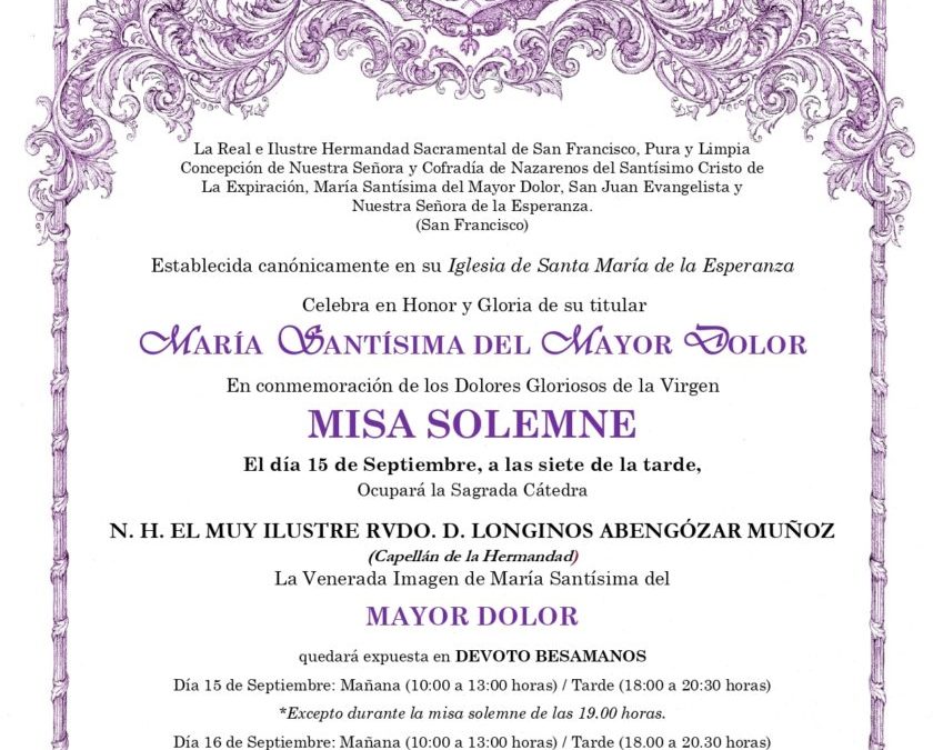 CONVOCATORIA MISA SOLEMNE MARÍA SANTÍSIMA DEL MAYOR DOLOR