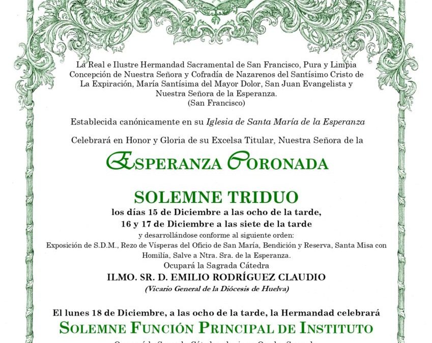 CONVOCATORIA SOLEMNE TRIDUO A NTRA. SRA. DE LA ESPERANZA CORONADA