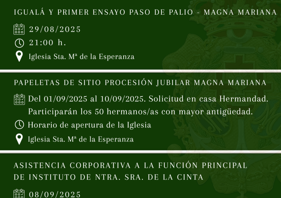 CALENDARIO DE ACTOS Y CULTOS. SEPTIEMBRE 2025